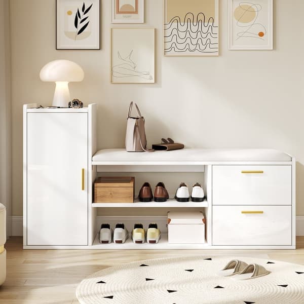 Hvidt skoskab 128×30×68 cm med 2 skuffer, skab og højglans sædebænk med polstret sæde og opbevaring, til stue, entré eller kontor