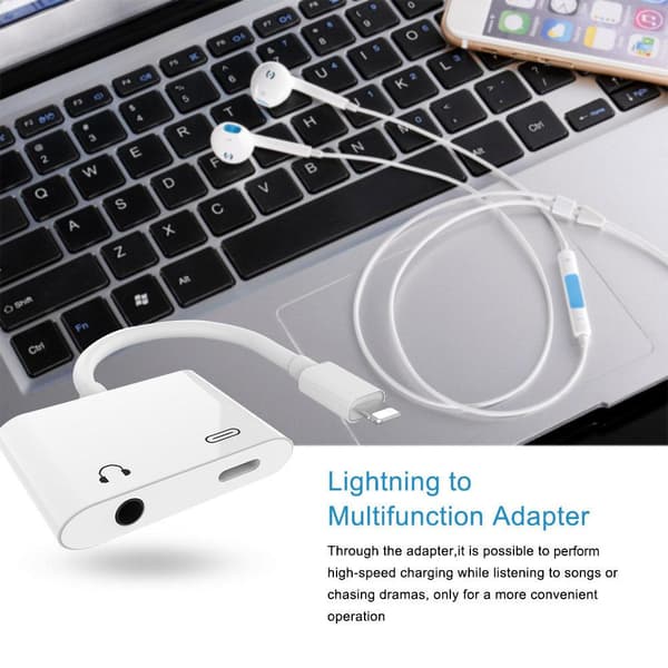 NÖRDIC Lightning adapter til 1x Lightning og 1xljud ​​3,5 mm hvid 10cm kabel