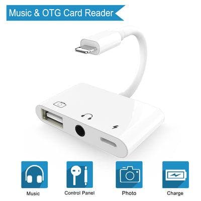 NÖRDIC Lightning Adapter 1 til 3 Porter 1XUSB A 1X AUDIO 3,5 MM og 1X Lightning for Lading