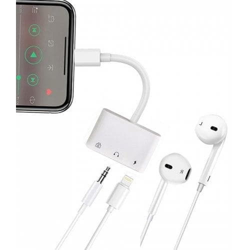 NÖRDIC Lightning Adapter 1 til 3 Porter 1XUSB A 1X AUDIO 3,5 MM og 1X Lightning for Lading