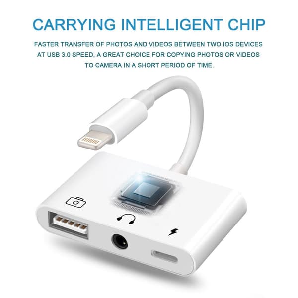 NÖRDIC Lightning Adapter 1 til 3 Porter 1XUSB A 1X AUDIO 3,5 MM og 1X Lightning for Lading