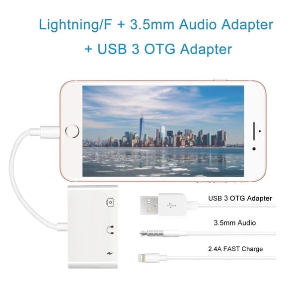 NÖRDIC Lightning Adapter 1 til 3 Porter 1XUSB A 1X AUDIO 3,5 MM og 1X Lightning for Lading