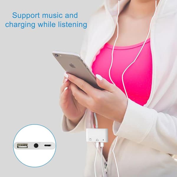 NÖRDIC Lightning Adapter 1 til 3 Porter 1XUSB A 1X AUDIO 3,5 MM og 1X Lightning for Lading