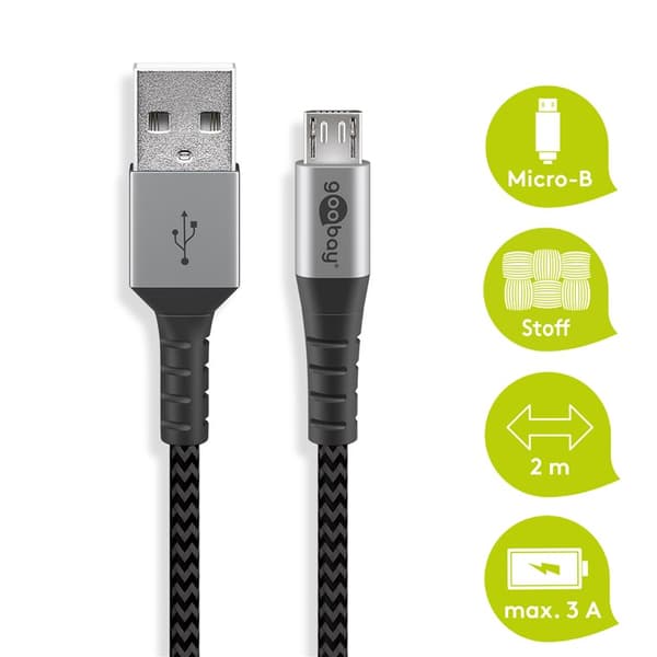 Micro-USB till USB-A textilkabel med metallkontakter 2 m