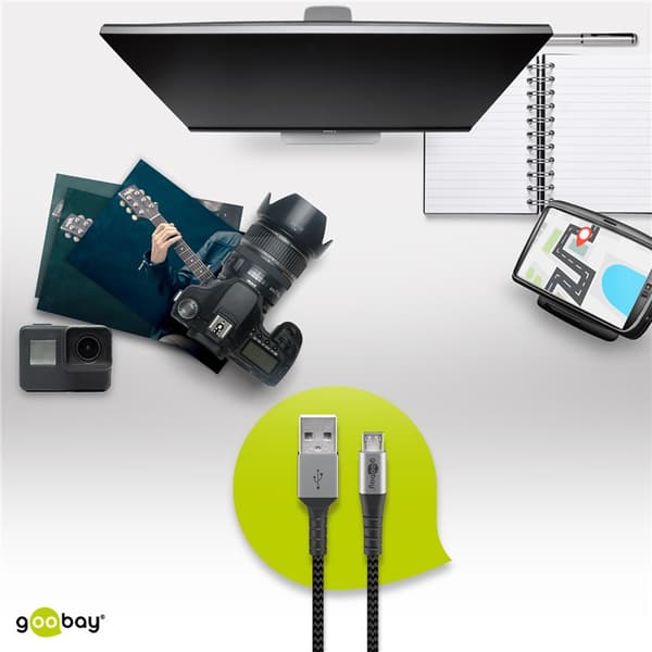 Micro-USB till USB-A textilkabel med metallkontakter 2 m