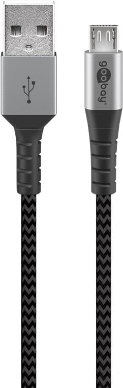 Micro USB til USB-A Tekstilkabel med metallplugger (Space grå / sølv) 0,5 m