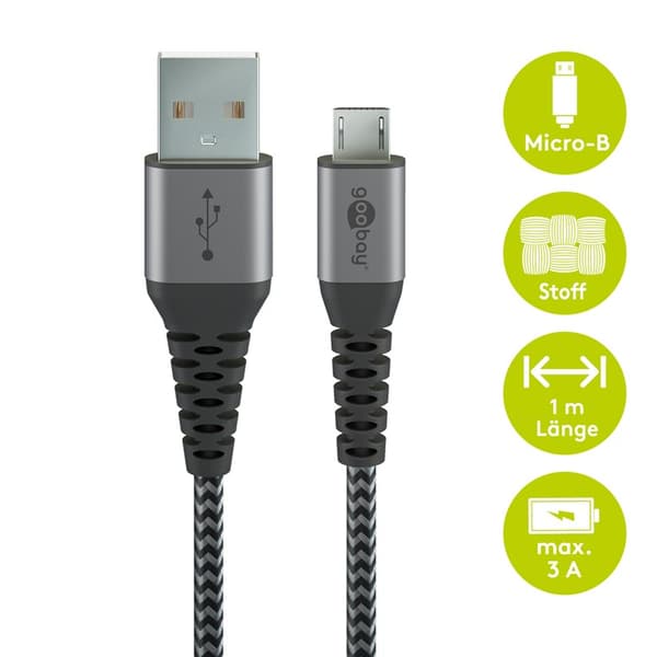 Micro USB til USB-A Tekstilkabel med metallplugger (Space grå / sølv) 1 m
