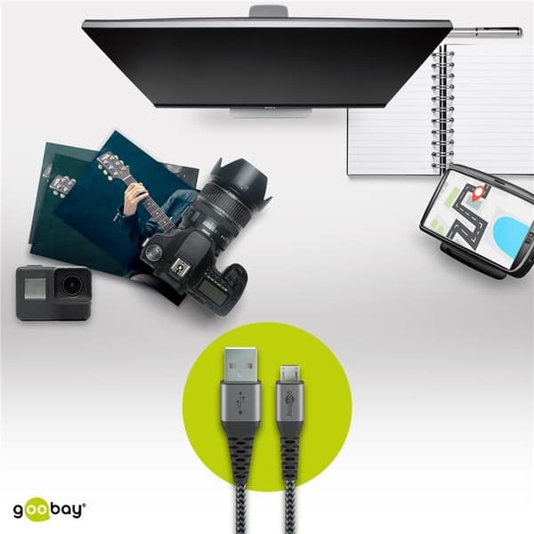 Micro USB til USB-A Tekstilkabel med metallplugger (Space grå / sølv) 1 m
