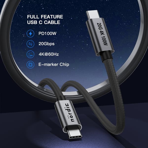 NÖRDIC 2m USB3.2 Gen2 SuperSpeed USB 20Gbps USB-C till C nylonflätad kabel med Power Delivery 100W, 4K60Hz video och Emarker