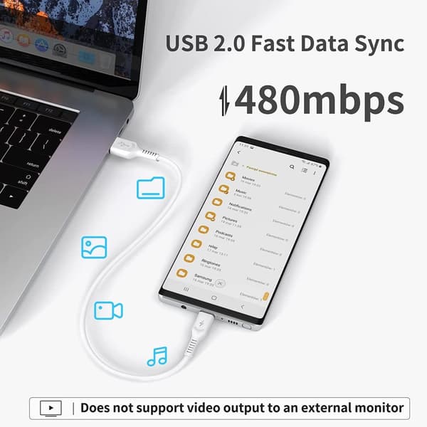 NÖRDIC 1m USB 2.0 USB-C–C -kaapeli 2,4A 480Mbps 12W
