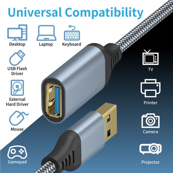 Nylon USB 3.0 -datakaapeli Tietokonekameran tulostimen jatkojohto Pikalataus Harmaa 1 m