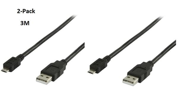 2-Pack USB 2.0 Kabel A-Hane - Micro B-Hane 3m 3 meter