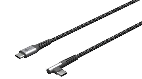 USB-C™–USB-C™ tekstiilikaapeli metalliliittimillä (avaruudenharmaa/hopea), 90°, m