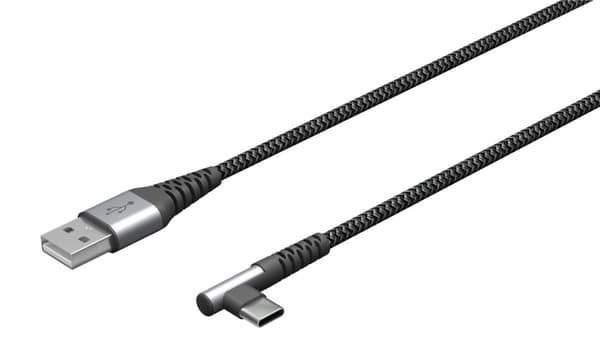 USB-C™ til USB-A tekstilkabel med metallkontakter (mellomgrå/sølv), 90°, m