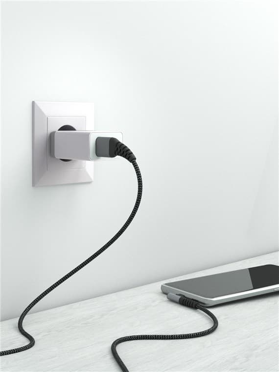 USB-C™ til USB-A tekstilkabel med metallkontakter (mellomgrå/sølv), 90°, m