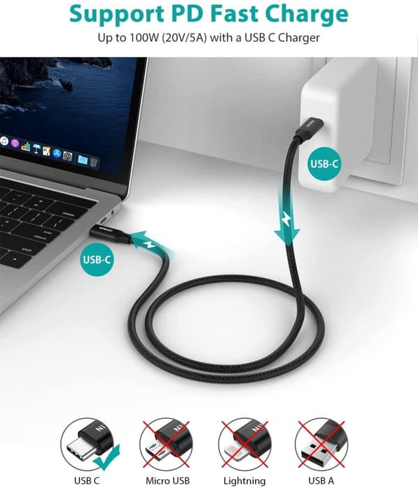 USB IF-certificeret 1m USB3.2 Gen2 SuperSpeed ​​​​USB 10Gbps USB-C til C-kabel med strømforsyning 100W, 4K60Hz video og Emarker