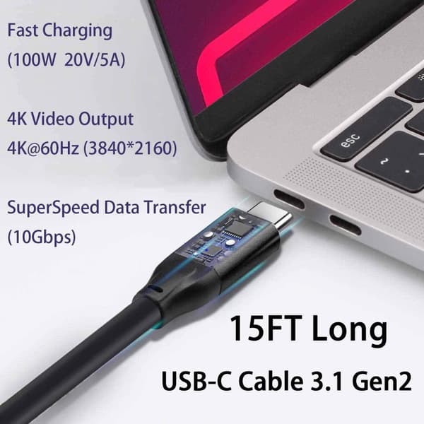 USB IF-certificeret 1m USB3.2 Gen2 SuperSpeed ​​​​USB 10Gbps USB-C til C-kabel med strømforsyning 100W, 4K60Hz video og Emarker