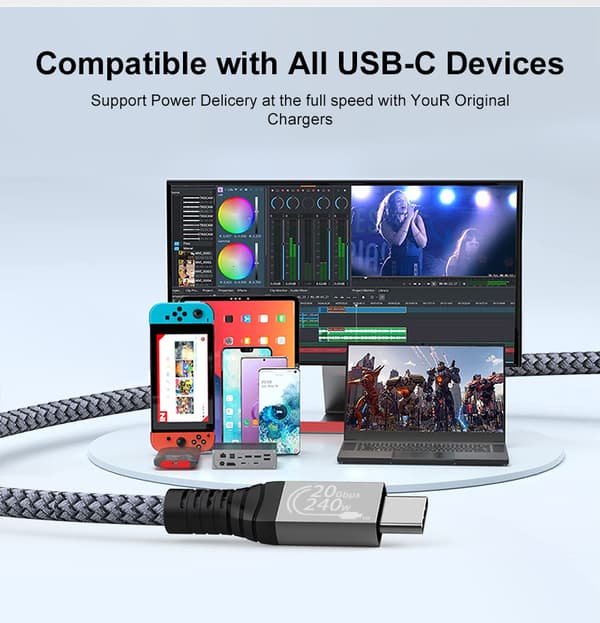 INF USB C -kaapeli, 240 W USB 3.2 -kaapeli USB-C uroskaapeli 20 Gbps, Nylon Type C -latauskaapeli, yhteensopiva MacBook Pron 16" kanssa