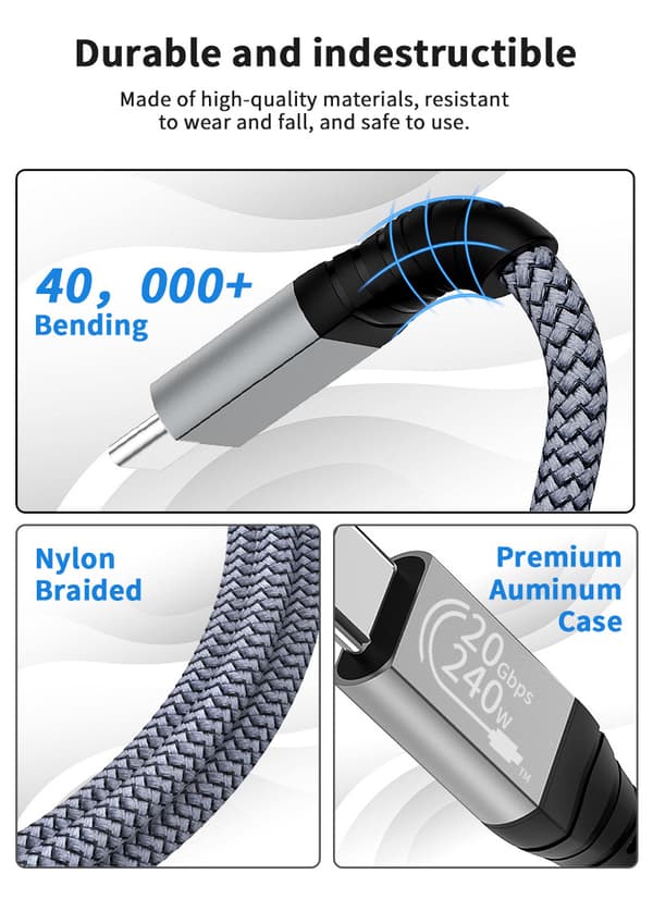 INF USB C-kabel, 240 W USB 3.2-kabel USB-C hannkabel 20 Gbps, Nylon Type C-ladekabel, kompatibel med MacBook Pro 16"