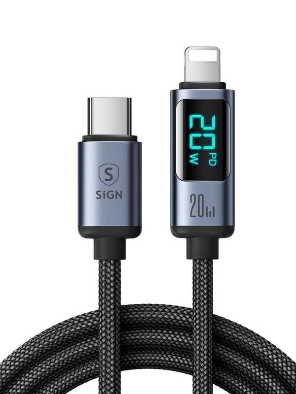 SiGN 20W USB-C till Lightning Kabel med Display, 1.2m - Svart