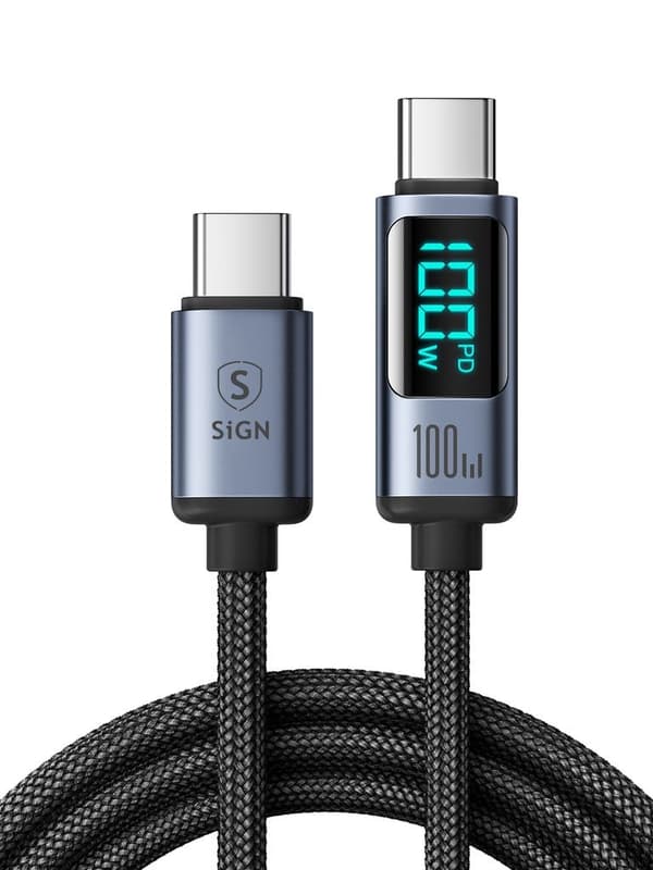 SiGN USB-C till USB-C Kabel 100W med Display, 1.2m - Svart