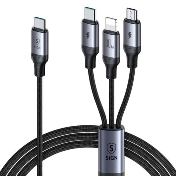 SiGN 3-in-1 USB-C till Lightning, USB-C, Micro-USB, 1.2m - Svart