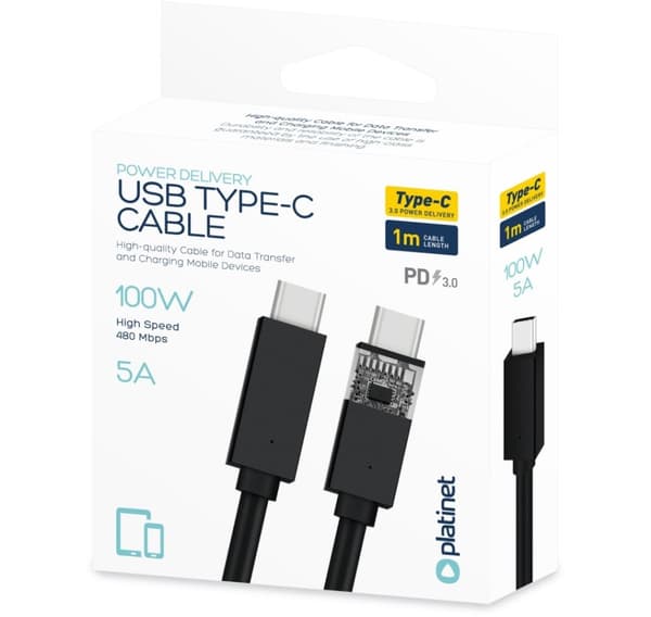 Platinetkabel USB-C - USB-C 5A 100W 1m, svart (PUCC5A1B)