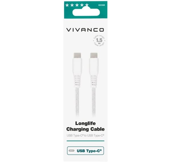 Vivanco-kabel USB-C - USB-C LongLife Lading 1,5m, hvit (62398)
