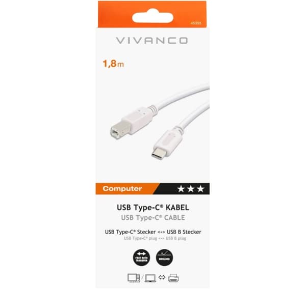 Vivanco kabel USB-C - USB-B 1,8m, vit (45355)