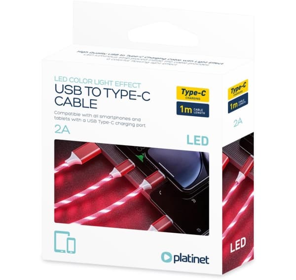 Platinetkabel USB - USB-C LED 2A 1m, rød (45741)