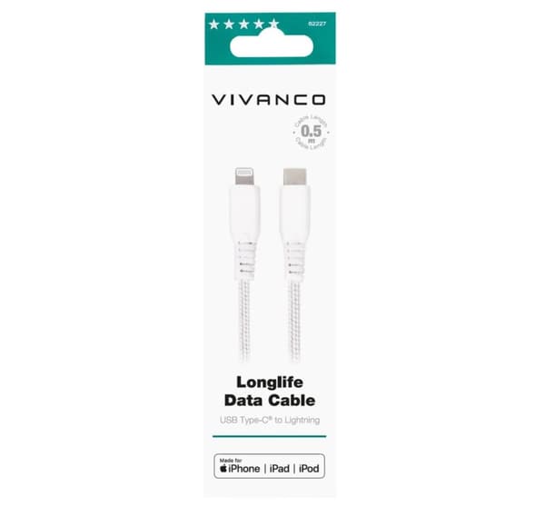 Vivanco-kaapeli USB-C - Lightning 0,5m, valkoinen (62227)