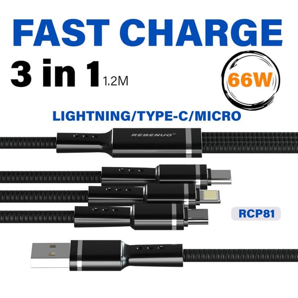 3-in-1 Snabbladdningskabe – Blixtladdning med Lightning-Type-C-Micro 66W