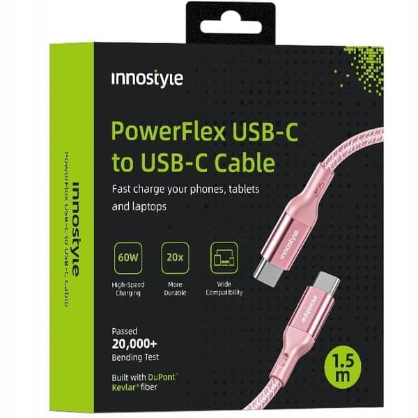 Innostyle Powerflex USB-C Snabbladdningskabel För iPhone Samsung 3A 60W Kevlar 1.5m