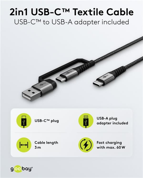 2in1 USB-textilkabel, rymdgrå/silver, m