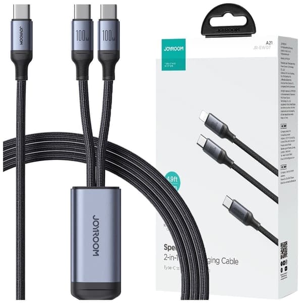 2 i 1 kabel Joyroom Speedy series SA21-1T2 USB-C - USB-C / USB-C 1,5 m svart