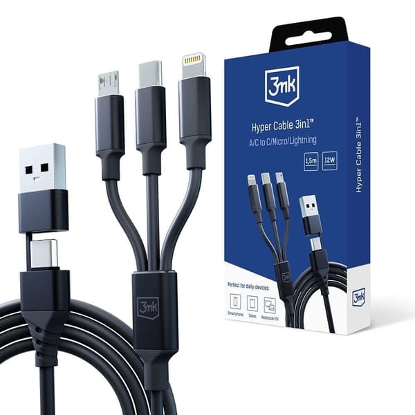 3mk Hyperkabel 3-i-1 USB-A - USB-C / USB-C - mikro-USB - Lightning 1,5 m - svart