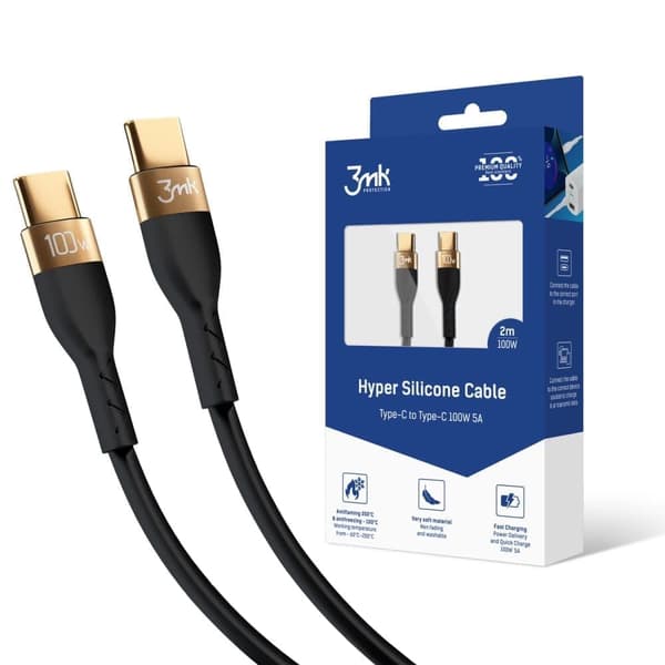 3mk Hyper silikonkabel USB-C / USB-C 100W 2m - svart