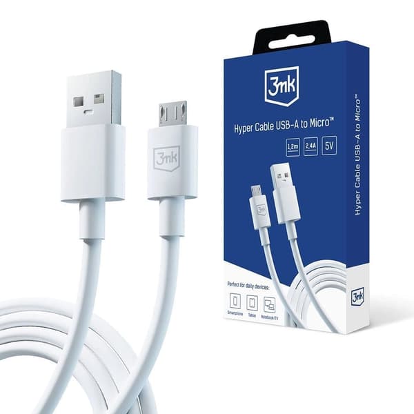 3mk Hyperkabel USB-A / micro USB 5V 2.4A 1.2m - hvit