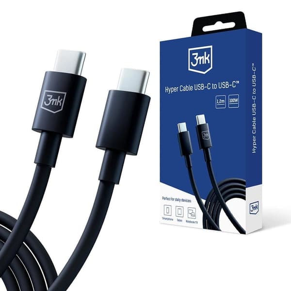 3mk Hyperkabel USB-C / USB-C 100W 1,2m - svart