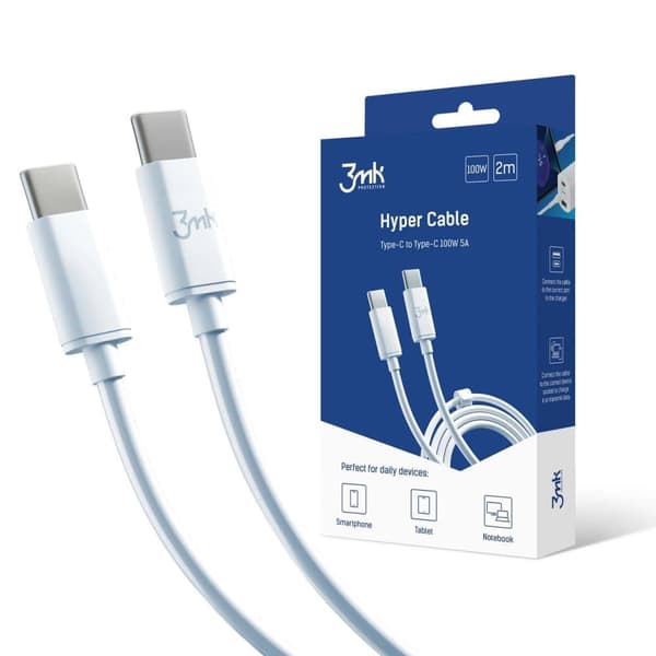 3mk Hyperkabel USB-C / USB-C 100W 2m - hvit