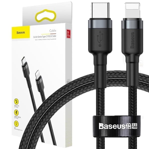 Baseus Cafule-kabel slitesterk nylonkabel USB Type C PD / Lightning 18W QC3.0 1m svart-grå (CATLKLF-G1)