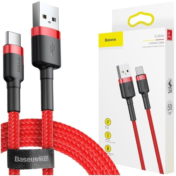 Baseus Cafule-kabel slitesterk nylonkabel USB / USB-C QC3.0 3A 0,5M rød (CATKLF-A09)
