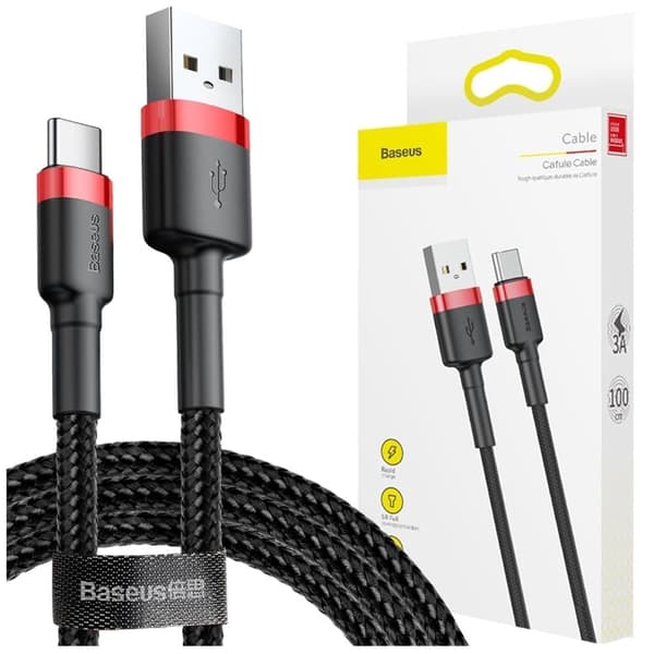Baseus Cafule-kabel slitesterk nylonkabel USB / USB-C QC3.0 3A 1M svart-rød (CATKLF-B91)