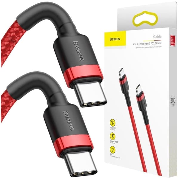 Baseus Cafule-kabel Slitesterk nylonkabel USB-C PD / USB-C PD PD2.0 60W 20V 3A QC3.0 2M Rød (CATKLF-H09)