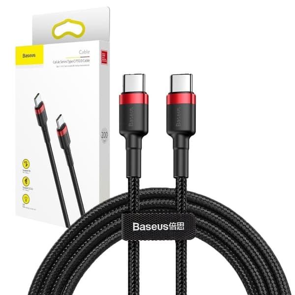 Baseus Cafule-kabel Slitesterk nylonkabel USB-C PD / USB-C PD PD2.0 60W 20V 3A QC3.0 2M Sort-Rød (CATKLF-H91)