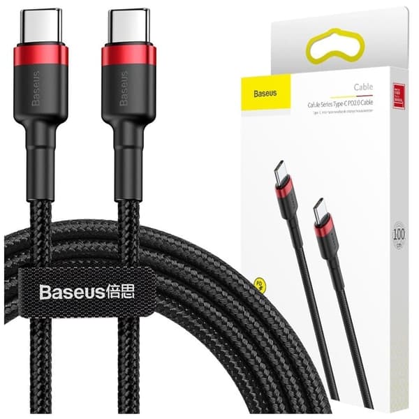 Baseus Cafule-kabel slitesterk nylonkabelledning USB-C PD / USB-C PD PD2.0 60W 20V 3A QC3.0 1M svart-rød (CATKLF-G91)