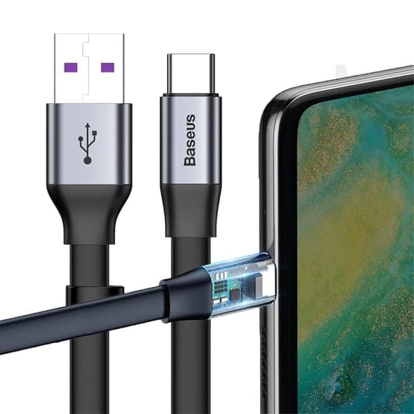 Baseus Enkel flatkabel USB / USB Type C SuperCharge 5A 40W Quick Charge 3.0 QC 3.0 23cm grå (CATMBJ-BG1)