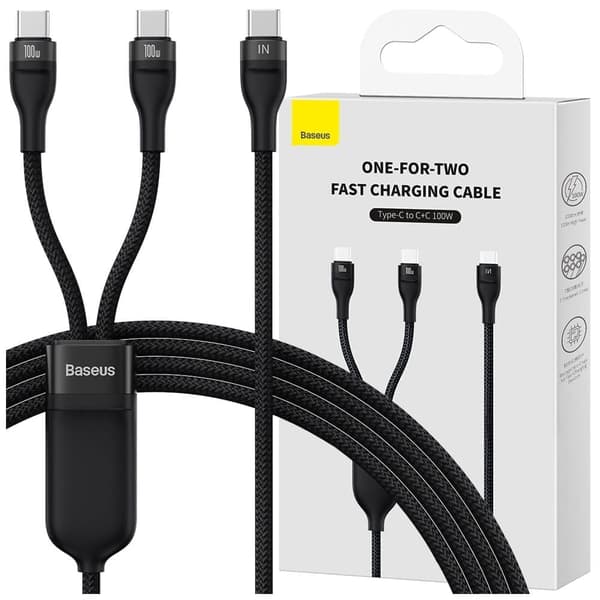 Baseus Flash-serien hurtigladekabel 2-i-1 USB-C - 2xUSB-C 100W 1,5m svart