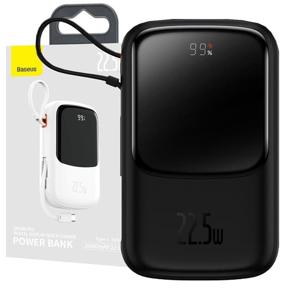 Baseus Qpow Digital Display Powerbank med hurtiglading 10000mAh 22,5W QC/PD/SCP/FCP med innebygd USB-C-kabel Svart