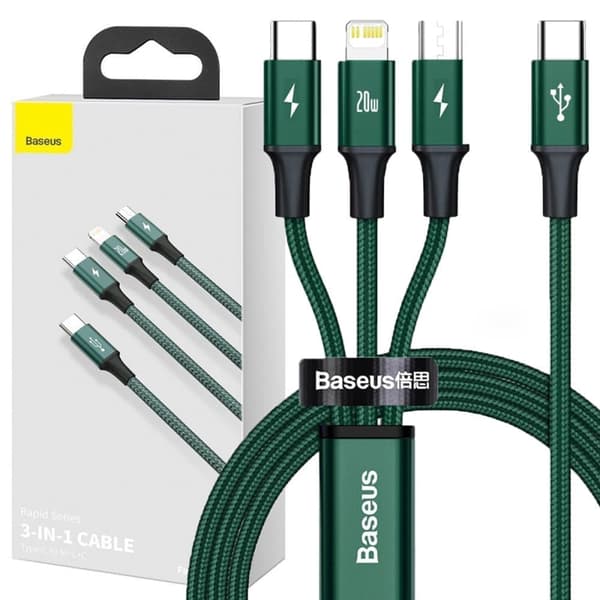 Baseus Rapid 3-i-1-kabel USB Type C - USB Type C / Lightning / micro USB 20 W 1,5 m grønn (CAMLT-SC06)